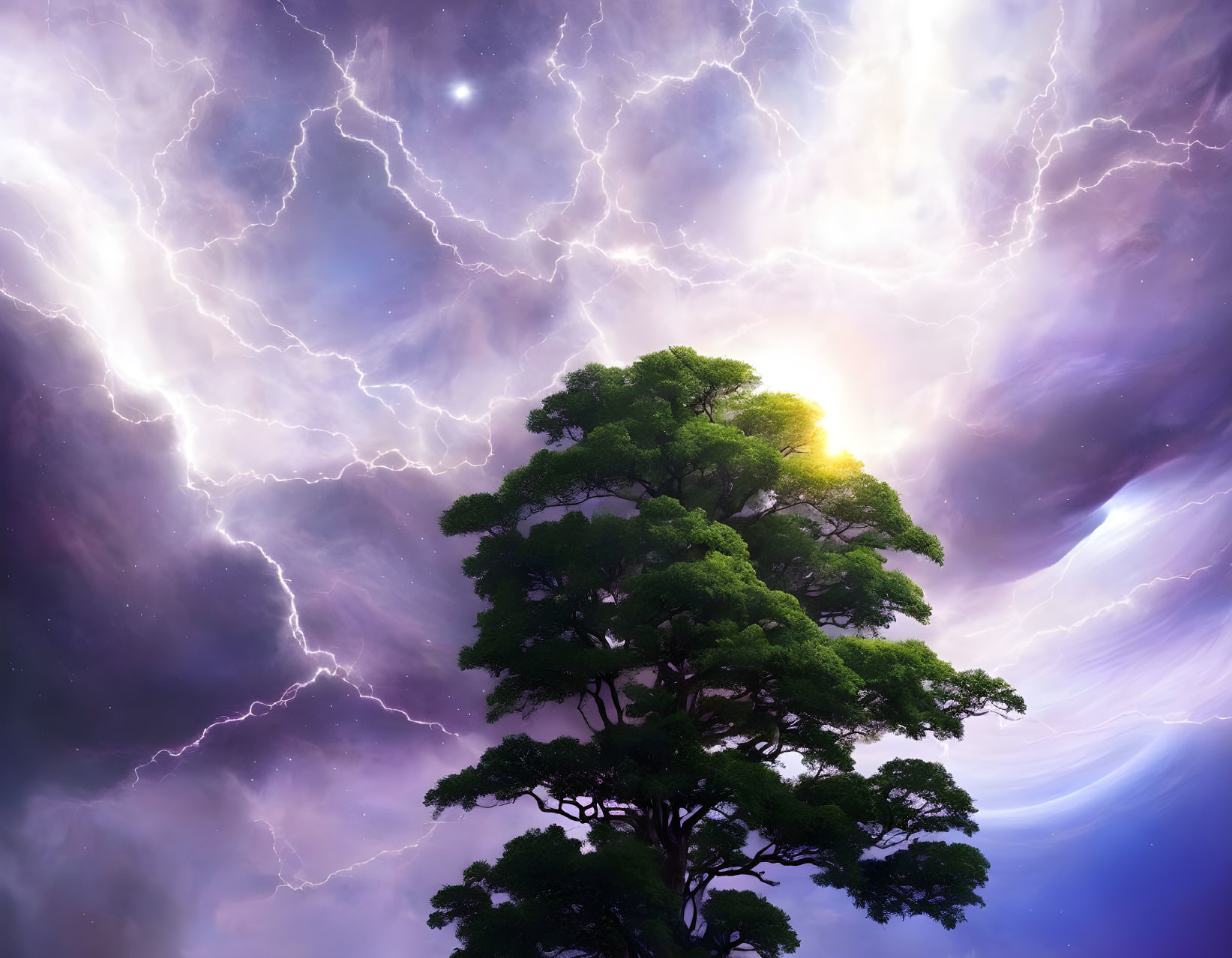 Vibrant green tree under dramatic celestial sky with lightning and glowing clouds