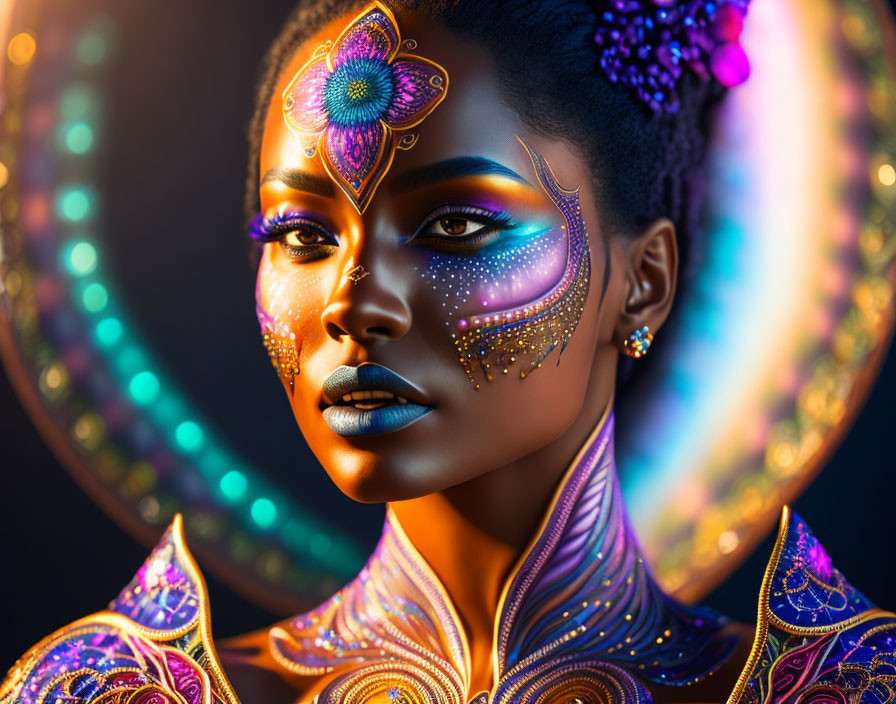 Intricate gold and purple face paint on woman in matching attire against circular backdrop