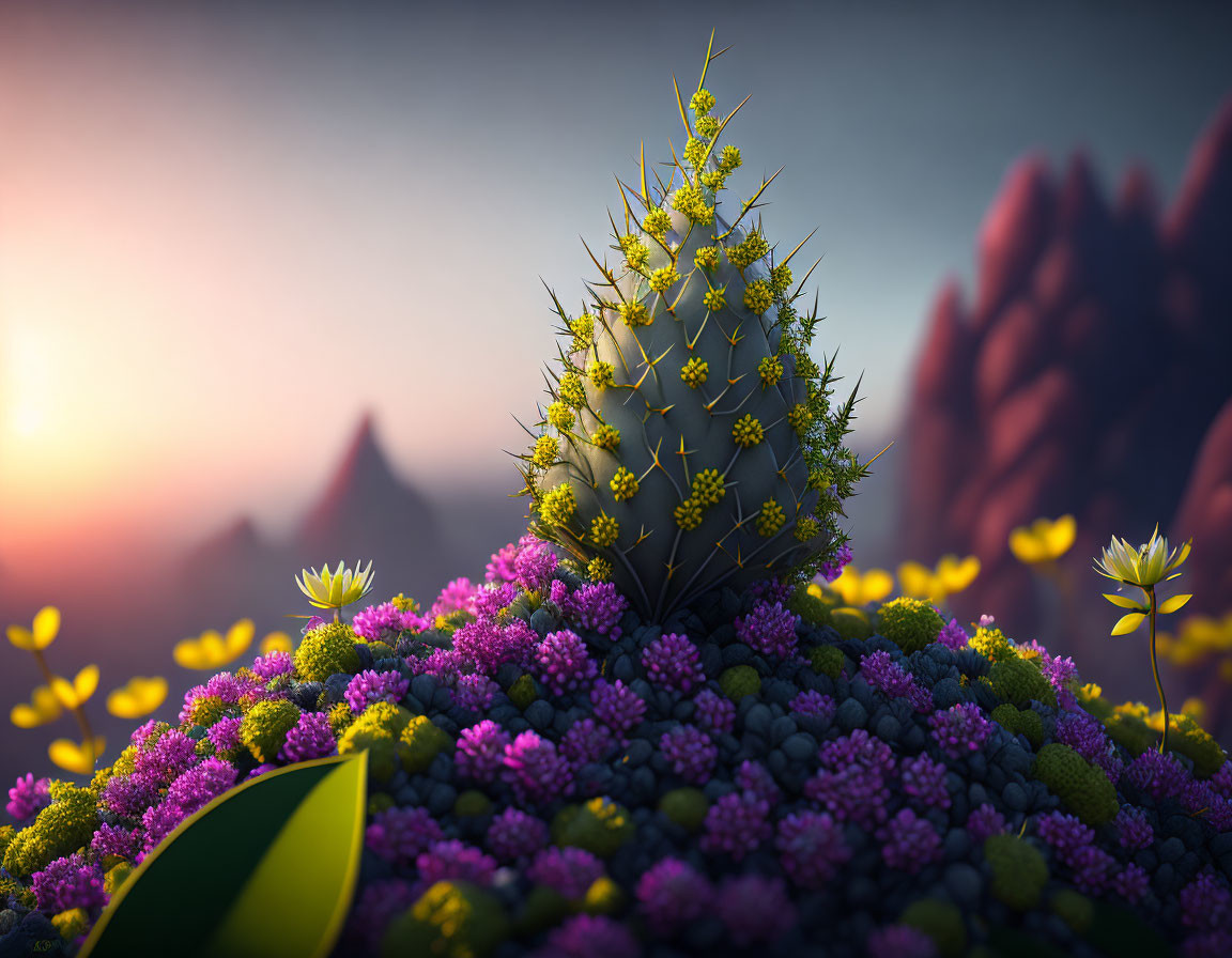 Cactus surrounded by purple and yellow flowers at sunrise