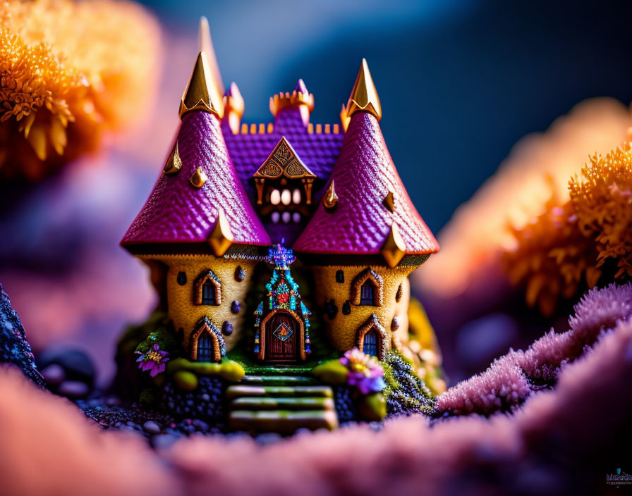 Miniature fairy tale castle with twin spires and ornate windows in purple flora.