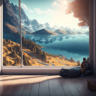 Person admiring mountainous landscape through large window