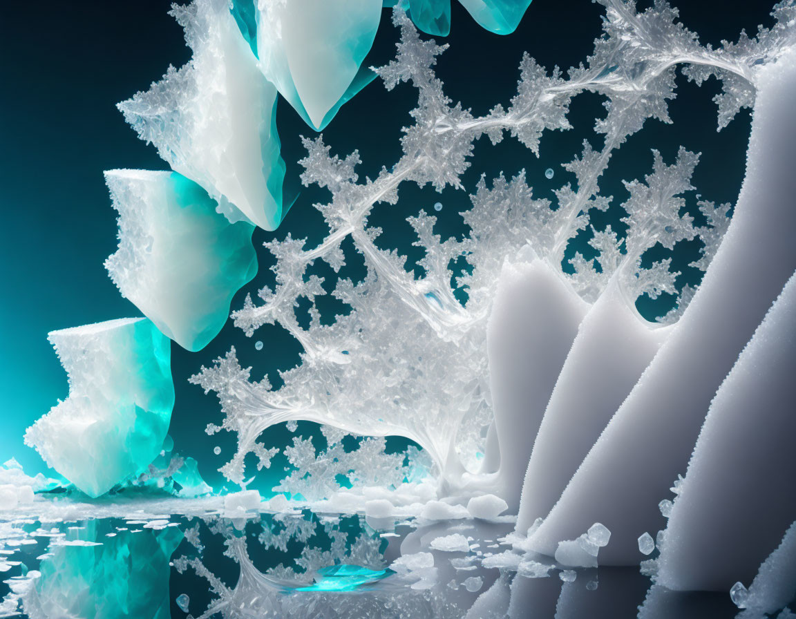 Surreal winter landscape with intricate ice formations and blue icebergs