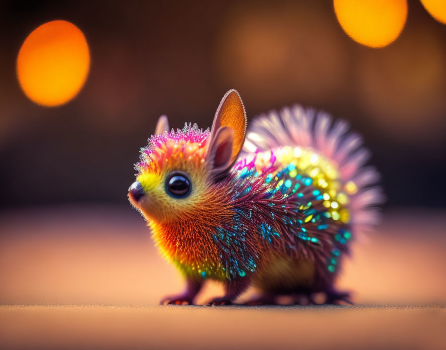 Vibrant Rainbow Toy Hedgehog on Bokeh Background