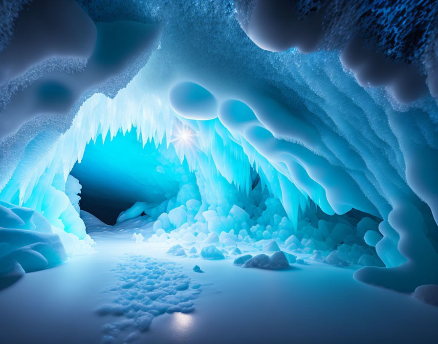 Sunstar shining in mesmerizing ice cave with icicles and blue light