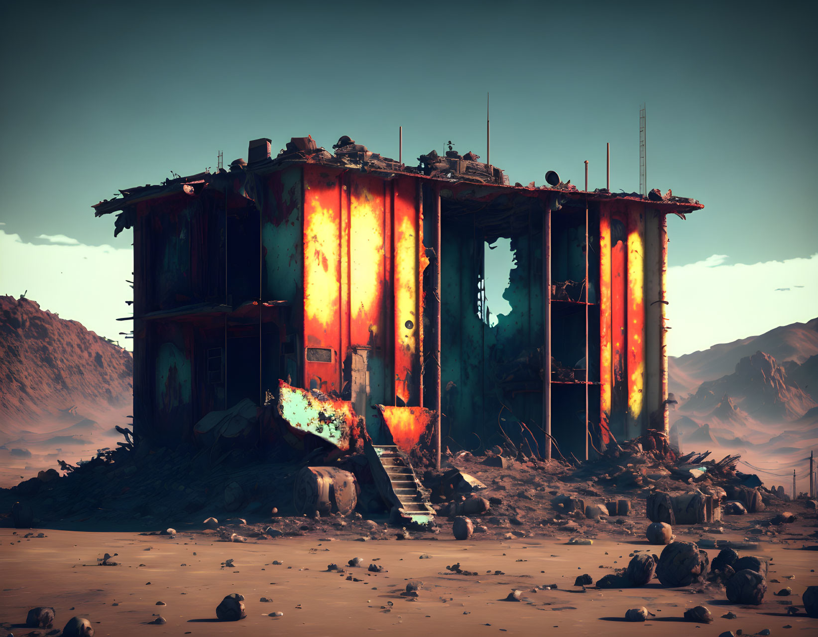 Abandoned desert building with debris and stark lighting