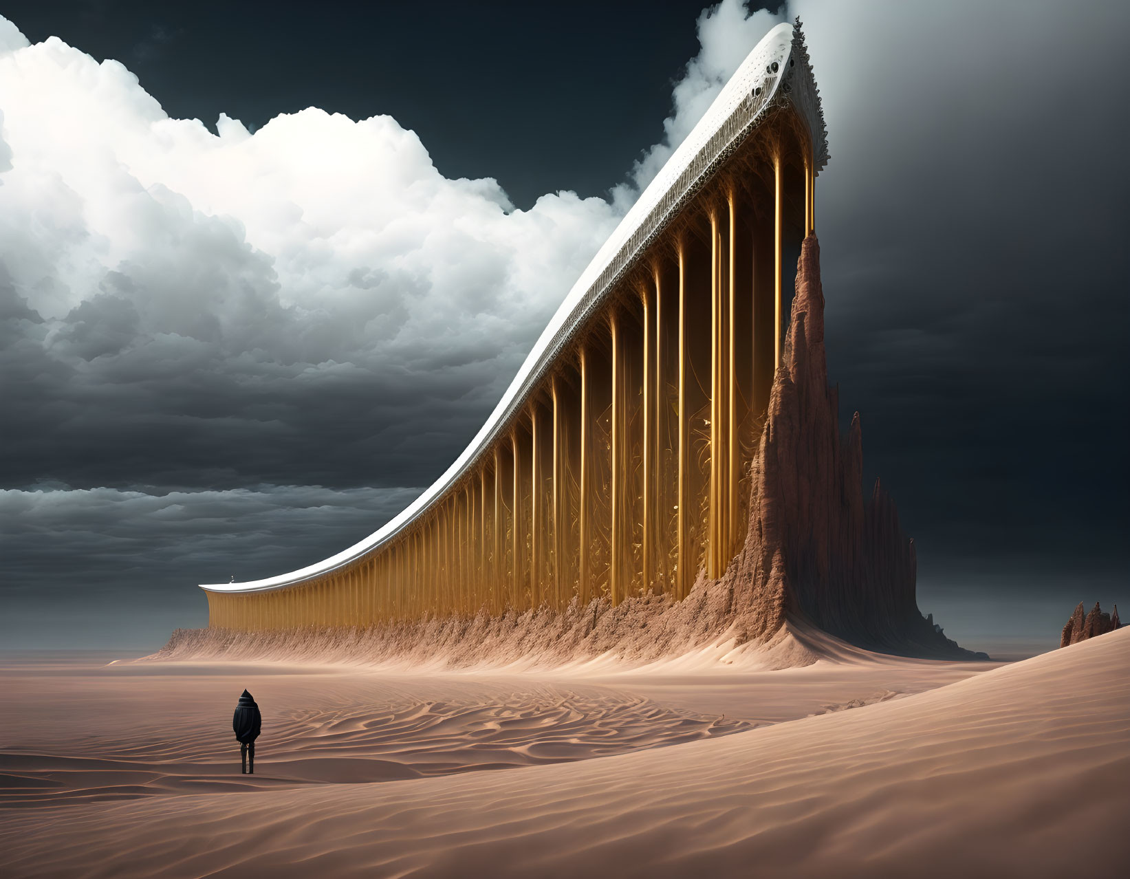 Gigantic wave-shaped sand structure under dramatic sky