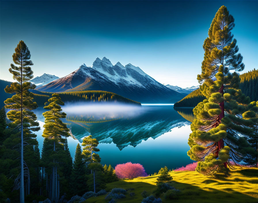 Snow-capped mountains reflected in pristine lake with lush trees and colorful foliage under clear blue sky