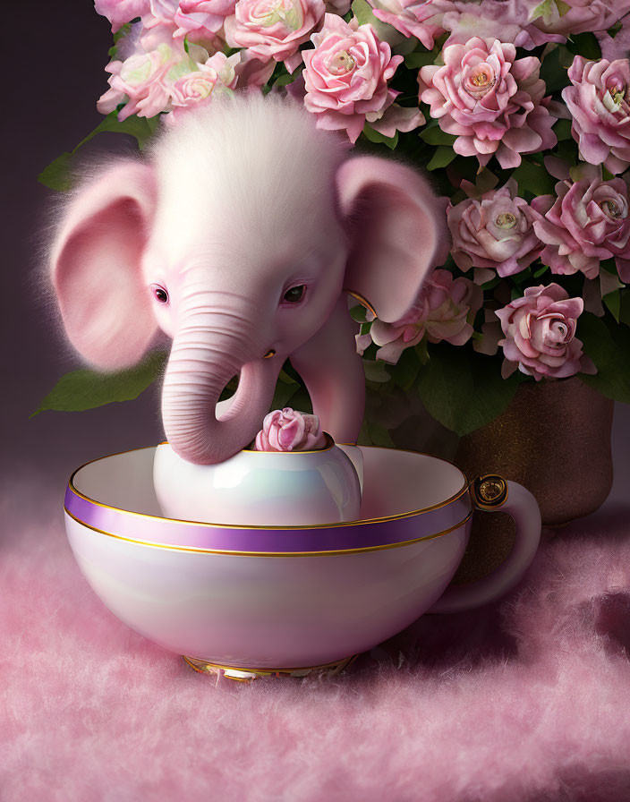 Pink elephant in teacup with roses on fluffy surface