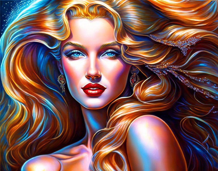 Vibrant digital portrait of a woman with golden hair and blue eyes