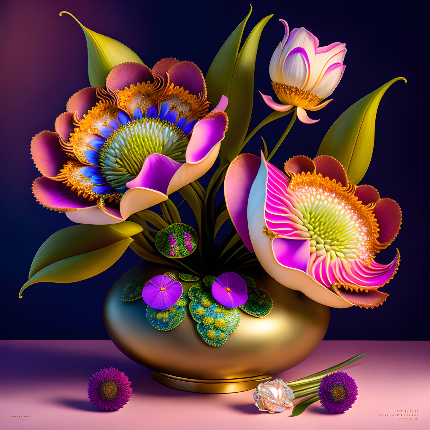 Colorful digital flower arrangement in golden vase on purple background