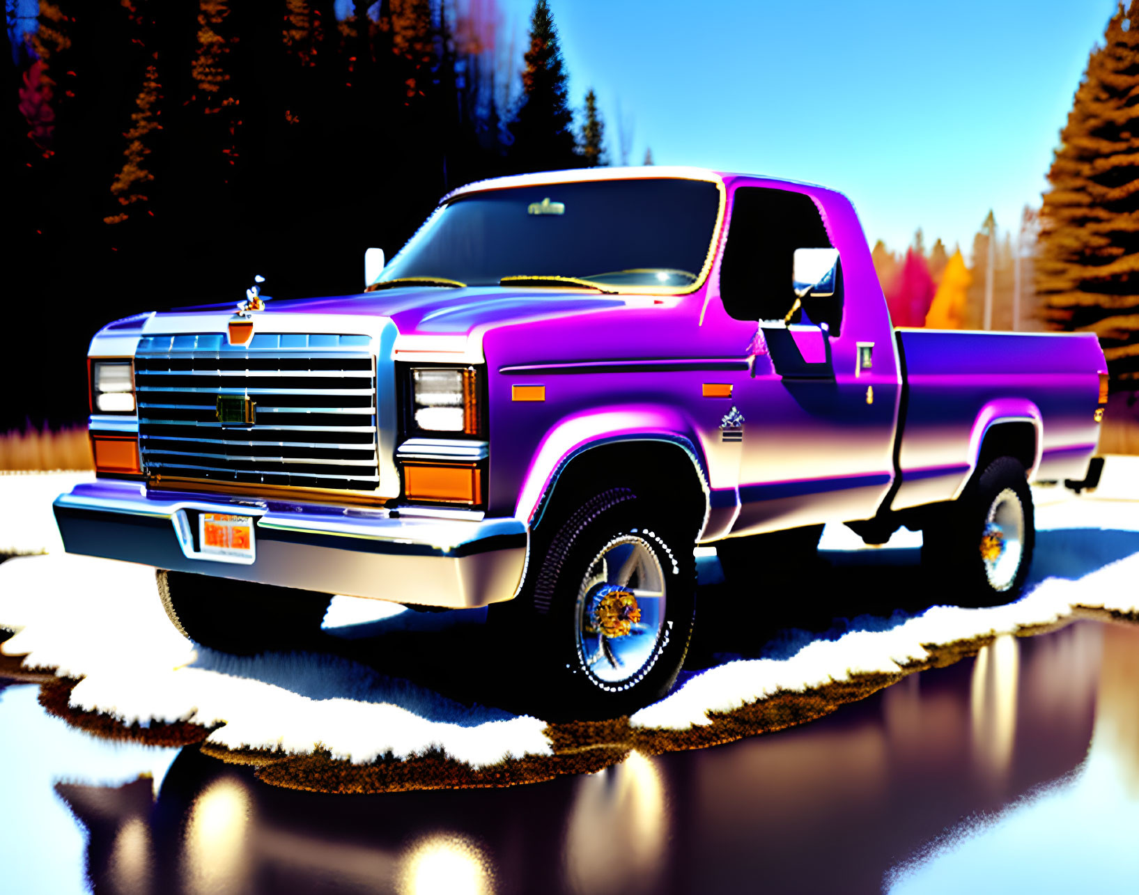 Purple Truck with Gold Rims in Snowy Forest Scene