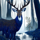 Ornate deer with intricate fur patterns in mystical blue forest