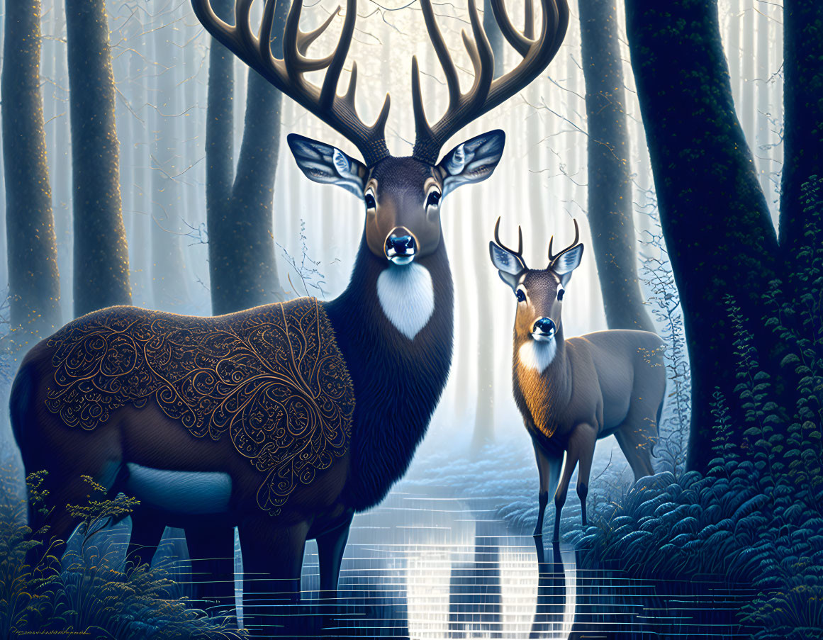 Ornate deer with intricate fur patterns in mystical blue forest