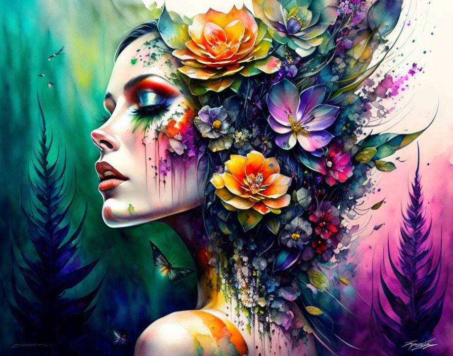 Colorful woman with flowers, foliage, and butterflies in fantasy style