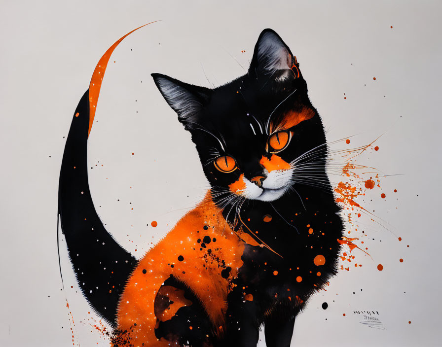 Vibrant black and orange cat illustration with yellow eyes and splatter effects