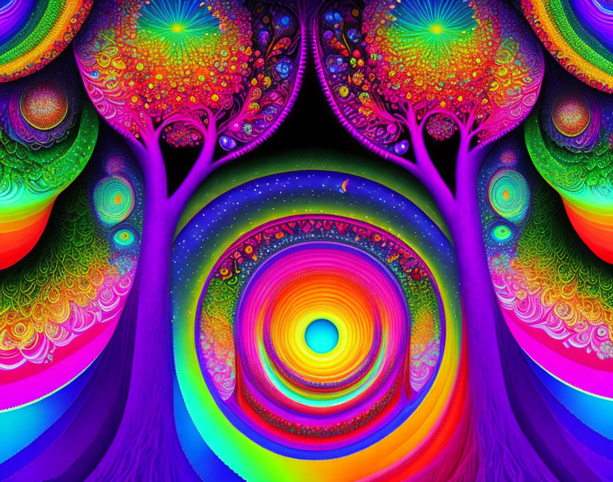 Colorful Psychedelic Trees Artwork with Luminous Portal