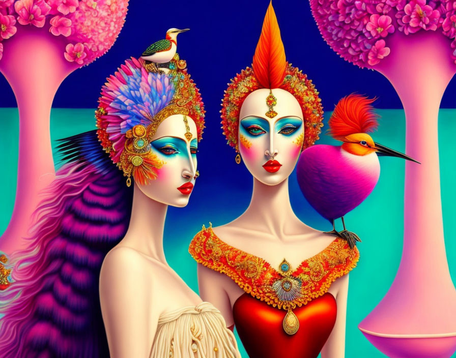 Vibrant women with elaborate makeup and exotic birds in fantasy setting