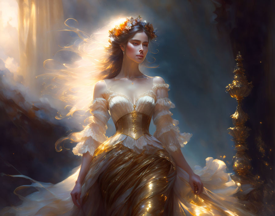 Ethereal gold and white gown with delicate crown on majestic woman