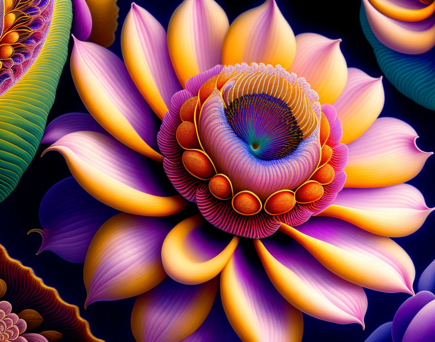 Colorful Stylized Flower Art with Purple, Orange & Blue Petal Patterns