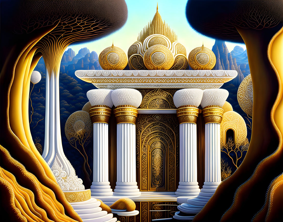 Golden Temple and Mushroom Trees in Surreal Fantasy Landscape