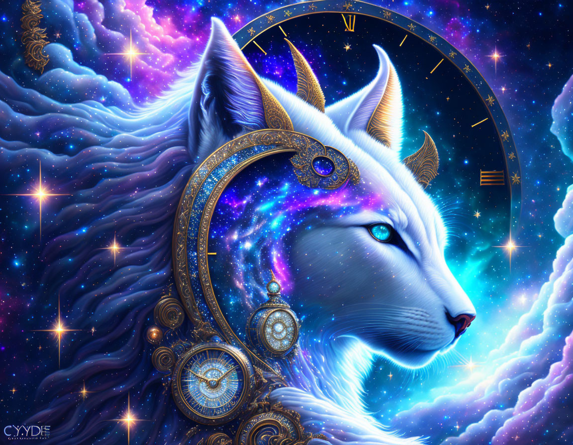 Celestial wolf illustration with starry fur & space-themed elements