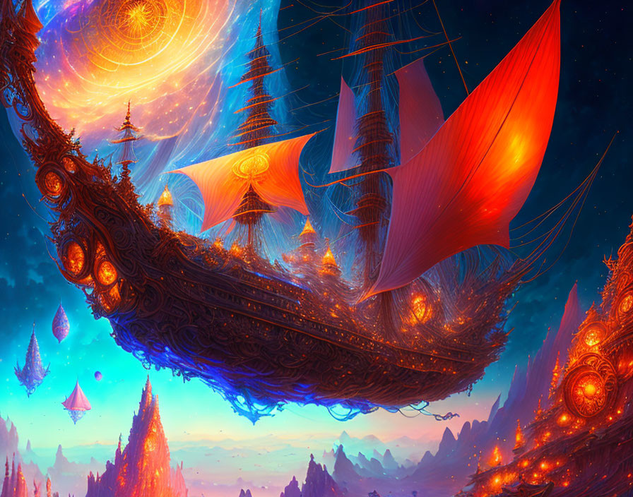 Vibrant sky with sailing ship among floating islands