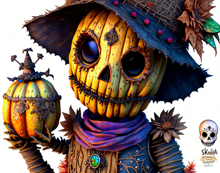 Whimsical pumpkin-headed character in fancy clothes and patterned hat