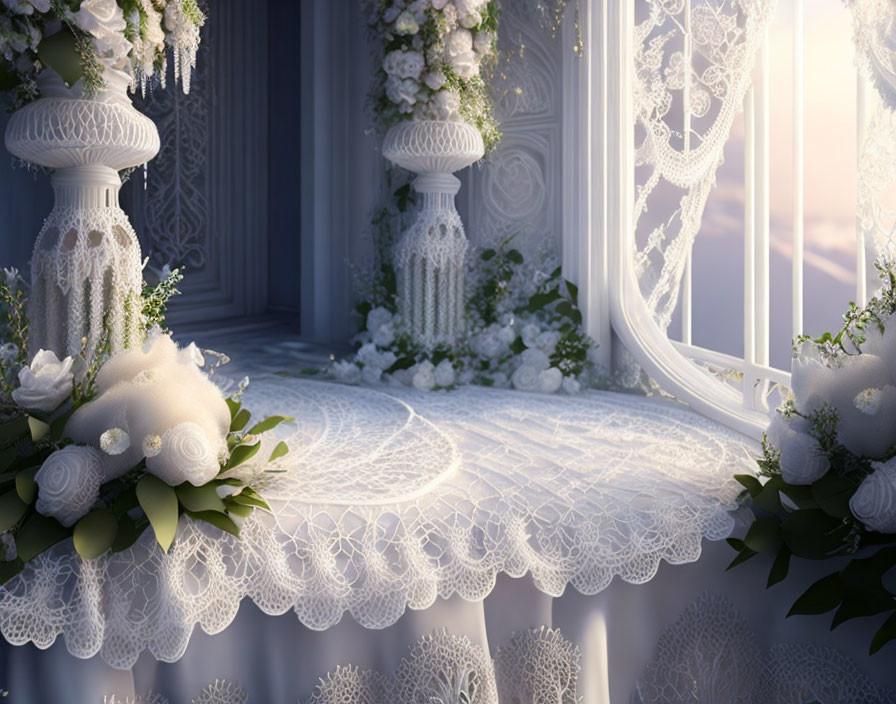 White lace curtains, tablecloth, flowers, greenery, and ornate columns in elegant room