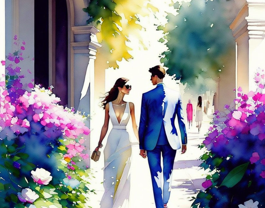 Couple walking hand in hand on flower-lined path with sunlight and people in background