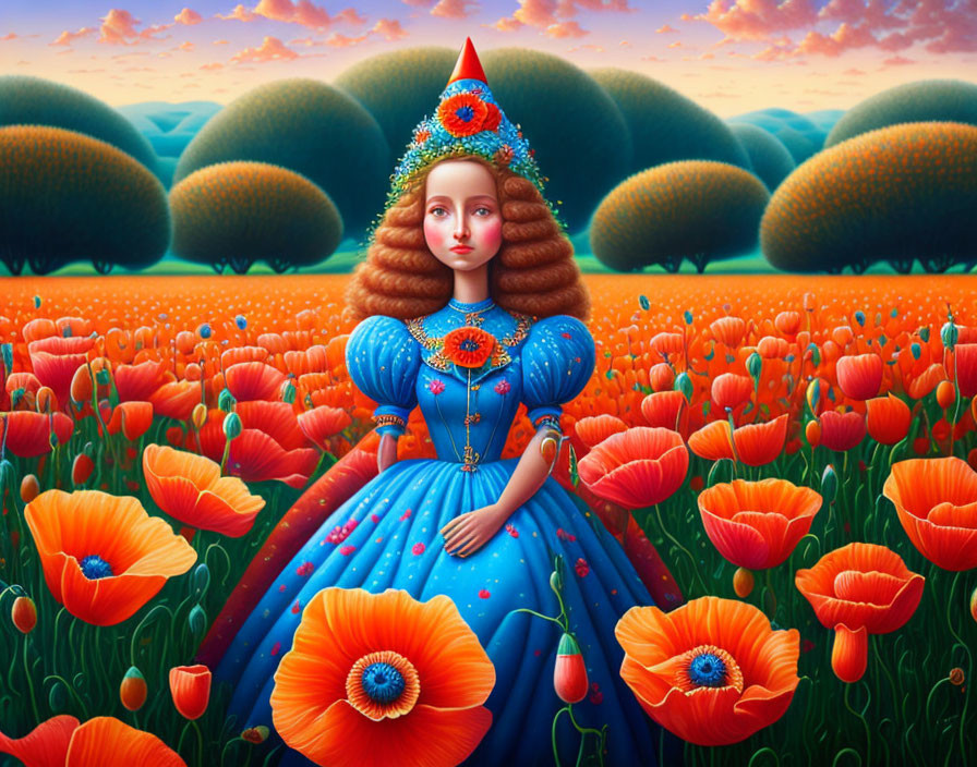 Surreal portrait of woman in blue dress among poppies and whimsical trees