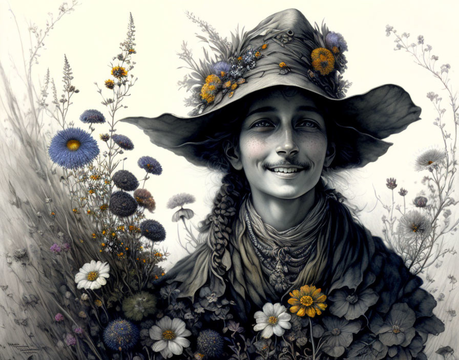 Monochrome illustration of smiling person with floral hat and nature elements