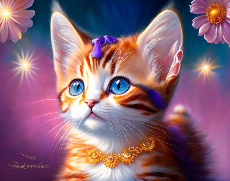 Orange and White Kitten with Blue Eyes in Fantasy Floral Setting