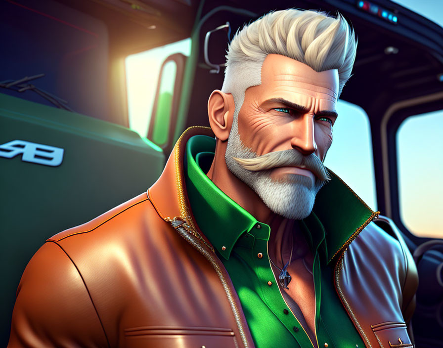 Stylized animated male character with white beard and quiff hairstyle in green and brown jacket, truck