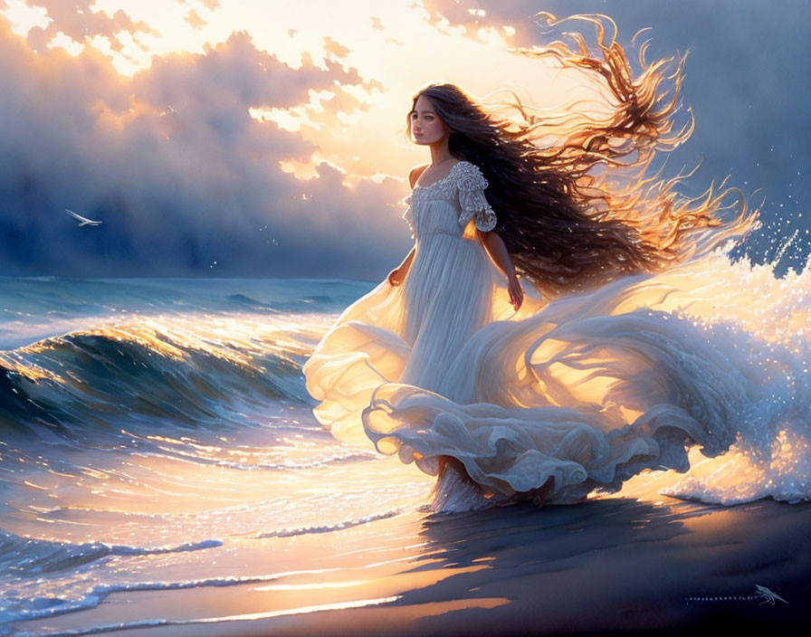 Woman in flowing white dress on beach with crashing waves and billowing hair under dramatic sky