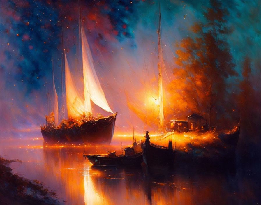 Vibrant painting of sailboat on tranquil waters near cottage at night