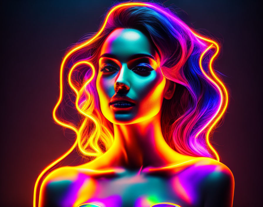 Vibrant neon-lit portrait of a woman against dark background