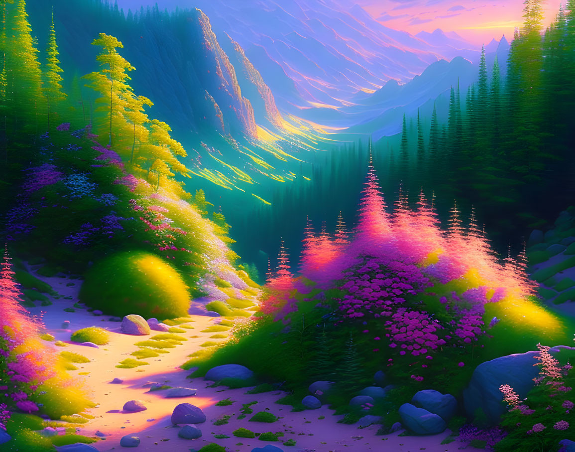 Mystical forest digital art with glowing flowers and sunlit trees