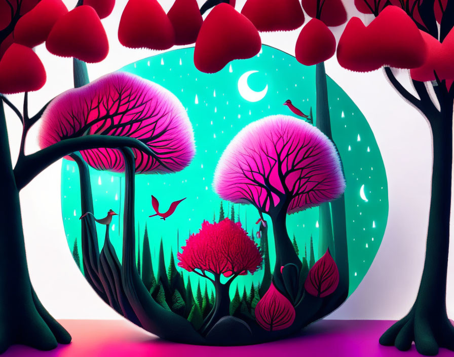 Fantastical forest with heart-shaped trees under a teal night sky