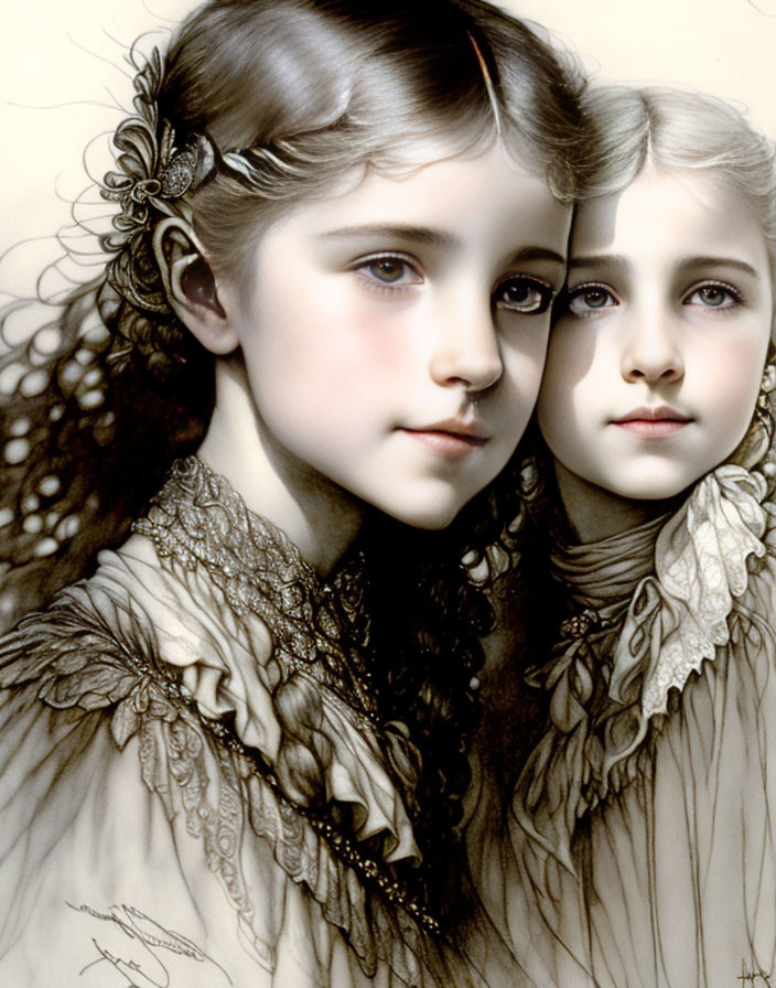 Victorian-style attire and detailed hairstyles illustration.