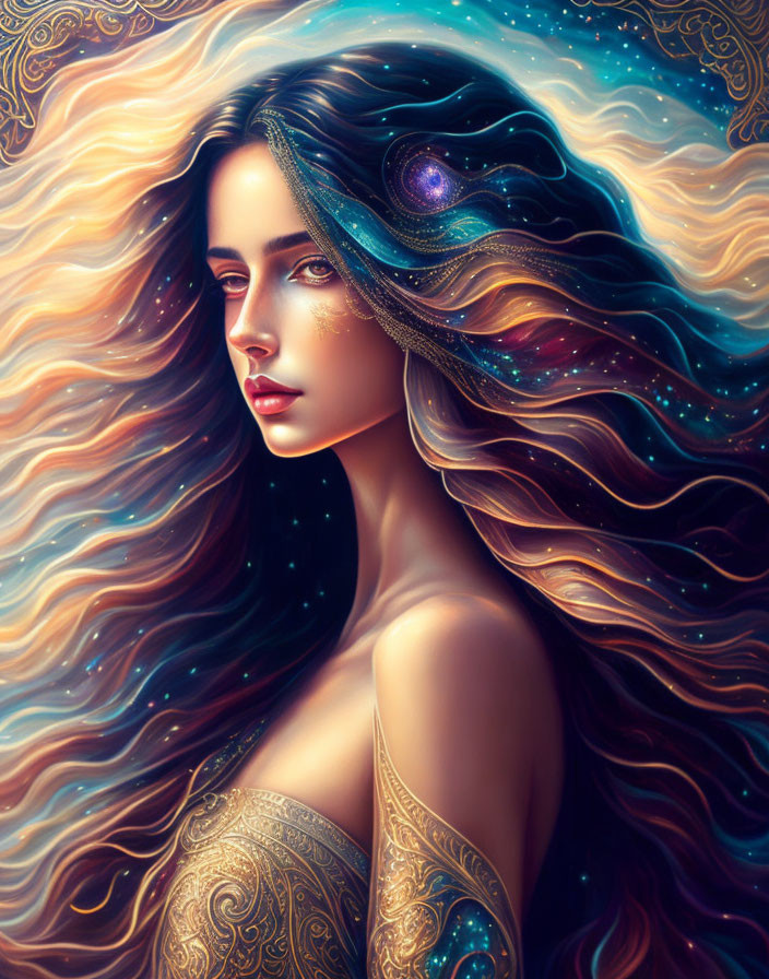 Illustrated woman with cosmic hair and golden tattoos on starry background