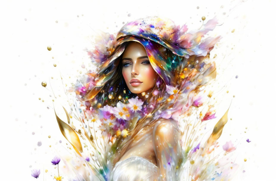 Colorful digital artwork: Woman with floral aura and paint splashes