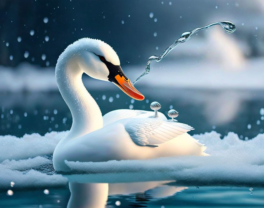 Graceful swan in tranquil blue water with snow patches and water droplets above beak