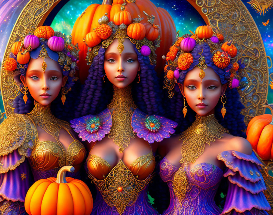 Stylized women with pumpkin headpieces and purple dresses in ornate setting