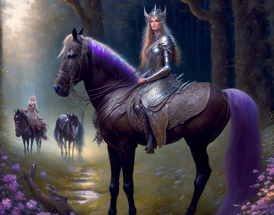 Regal warrior in ornate armor riding majestic horse in enchanted forest.