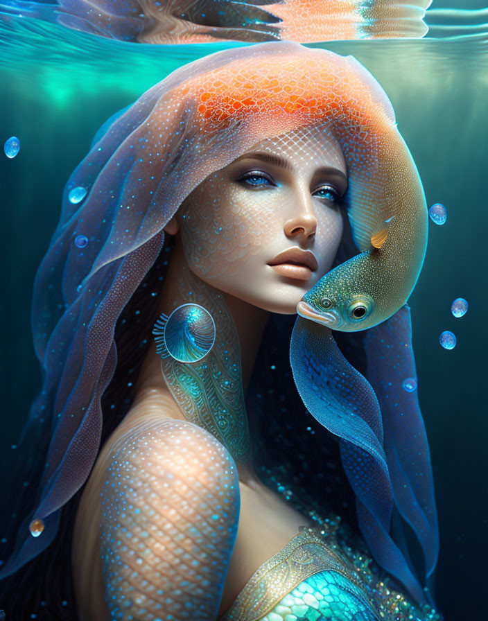 Ethereal underwater scene: woman with glistening skin caresses fish among bubbles