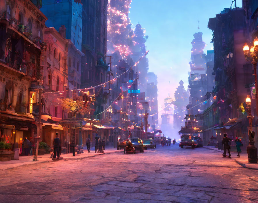 Colorful city street scene at dusk with glowing lights and festive decorations