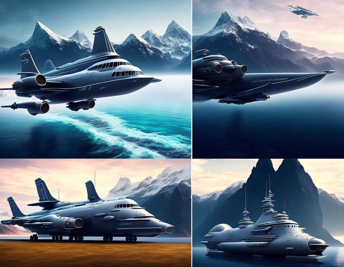 Composite images of luxury jet in unique transport modes against scenic backdrop