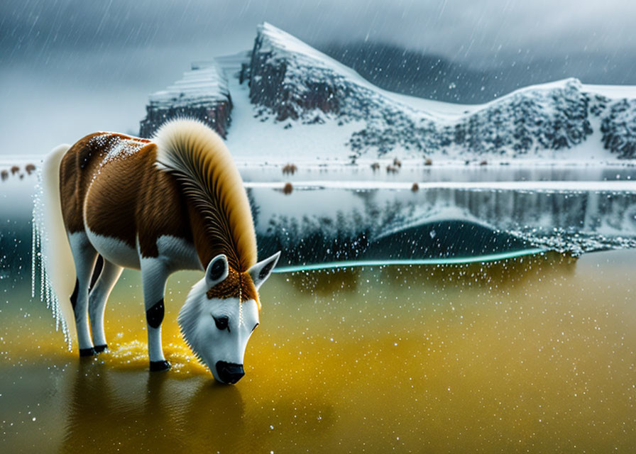 Okapi Drinking in Tranquil Lake with Snowy Mountains and Futuristic Building in Snowfall