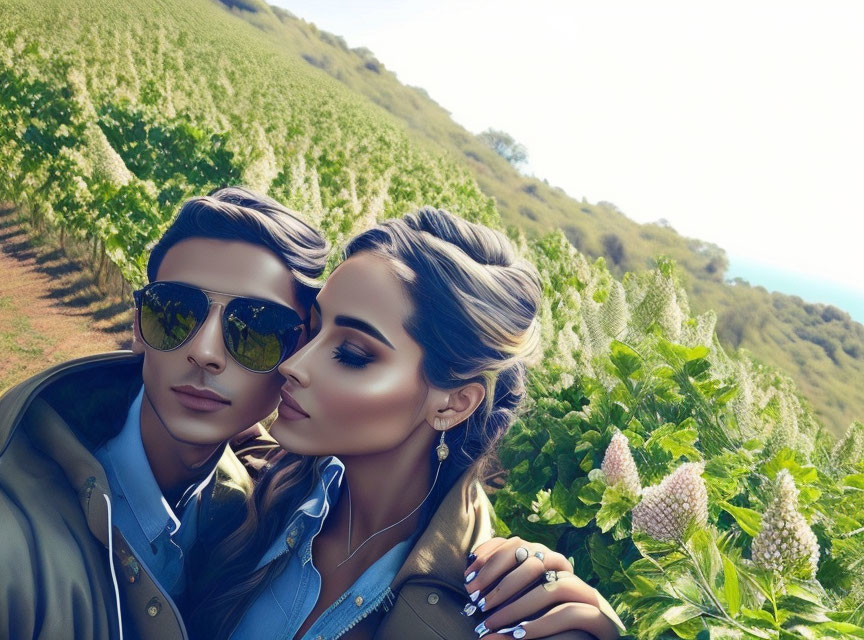 Stylish individuals posing in vineyard with greenery and water view