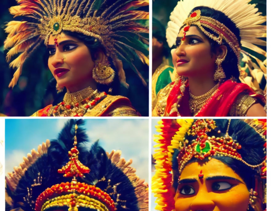 Close-up shots of person in traditional Indian attire and headgear with vibrant colors and intricate jewelry.